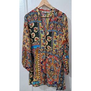 Zara Womens Xl Paisley Baroque Mini Peasant Dress 100% Viscose Green Yellow